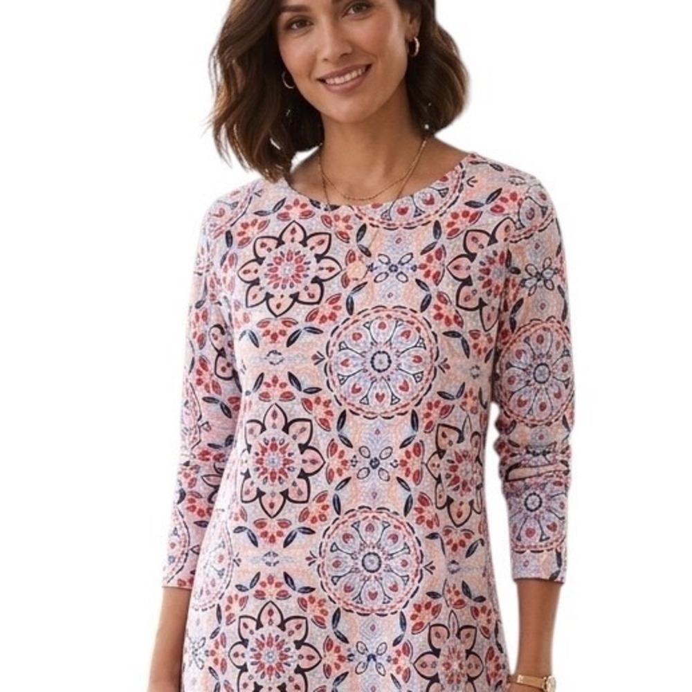 Croft & Barrow Womens 1X Tunic Top Multicolor‎ Medallion Floral  Cotton 3/4 Slv